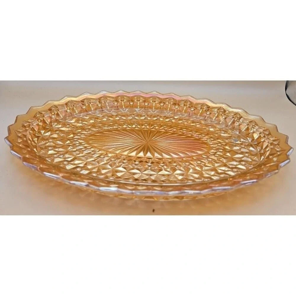 Vtg Serving Platter Jeannette Oval Glass Iridescent Buttons & Bows 11.5